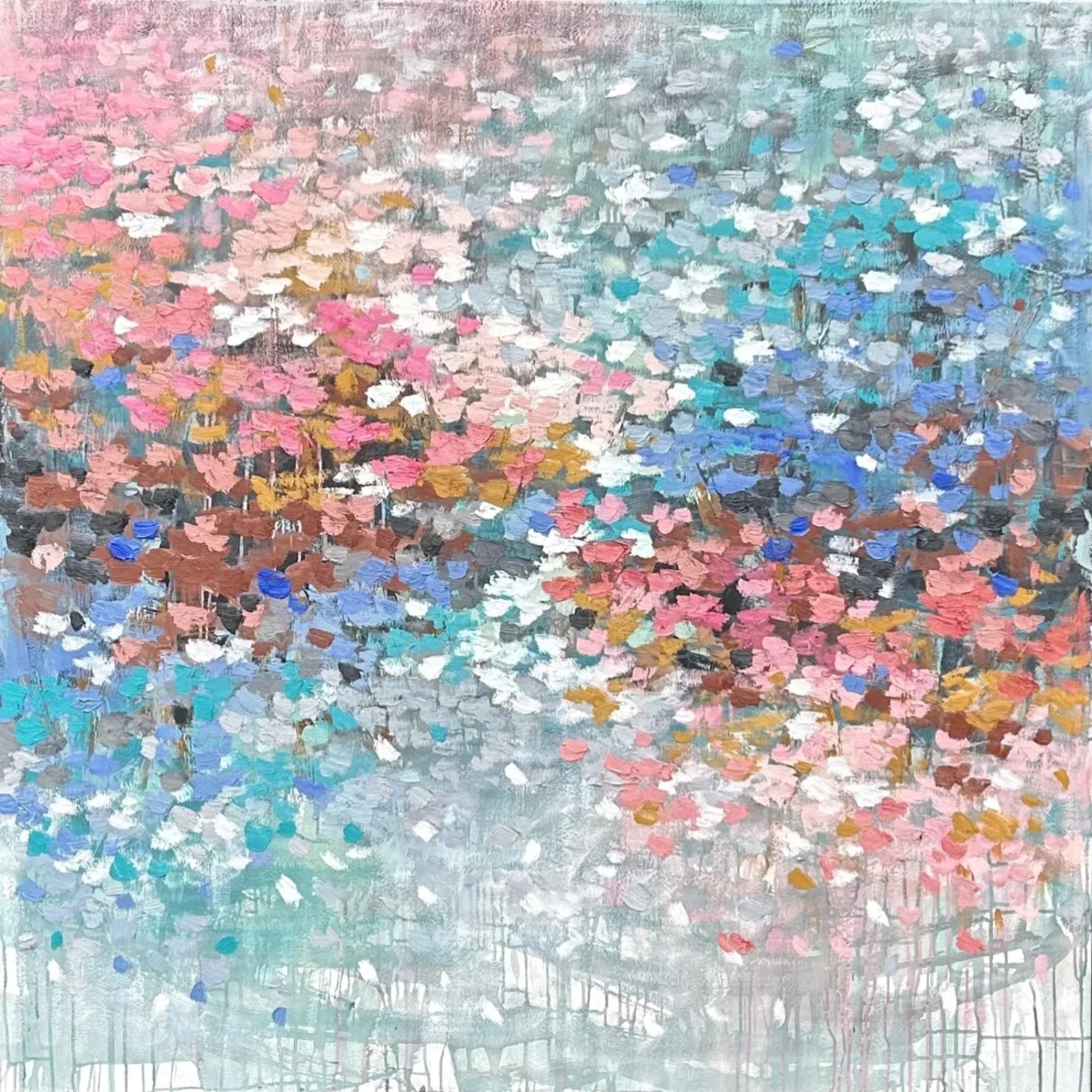 "The Forever Sunset" This abstract oil painting bursts with short, expressive dabs of pinks, pale salmon, earthy browns, cool blues, and white, creating a textured, almost rhythmic surface. The palette evokes a sense of warmth and vulnerability, balanced by grounding, natural tones. The layering of colours reflects the complexity of human emotion - joy, memory, and quiet introspection - while the dabs suggest fleeting moments or thoughts caught in motion. It’s a contemplative piece that speaks to both the fragility and richness of lived experience. 