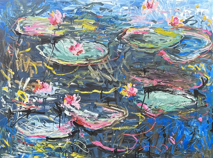 "Last Light" This expressive abstract floral oil painting captures a vibrant tangle of lily pads and blossoms adrift on dark, swirling waters. Vivid pinks and greens burst against the moody blues and blacks, evoking a dance between vitality and stillness. Symbolically, the piece suggests the fleeting beauty that emerges even in murky depths—like resilience blooming in the fading light of day. It invites viewers to find clarity and grace in chaos, where even the last light brings colour to the shadows. 